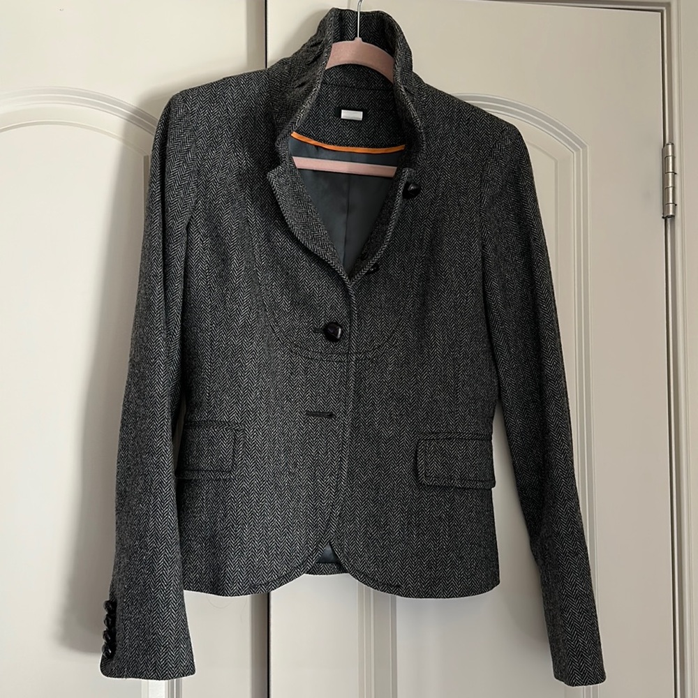 Jcrew herringbone tweed blazer jacket stand up pleated collar 4T 4 tall black